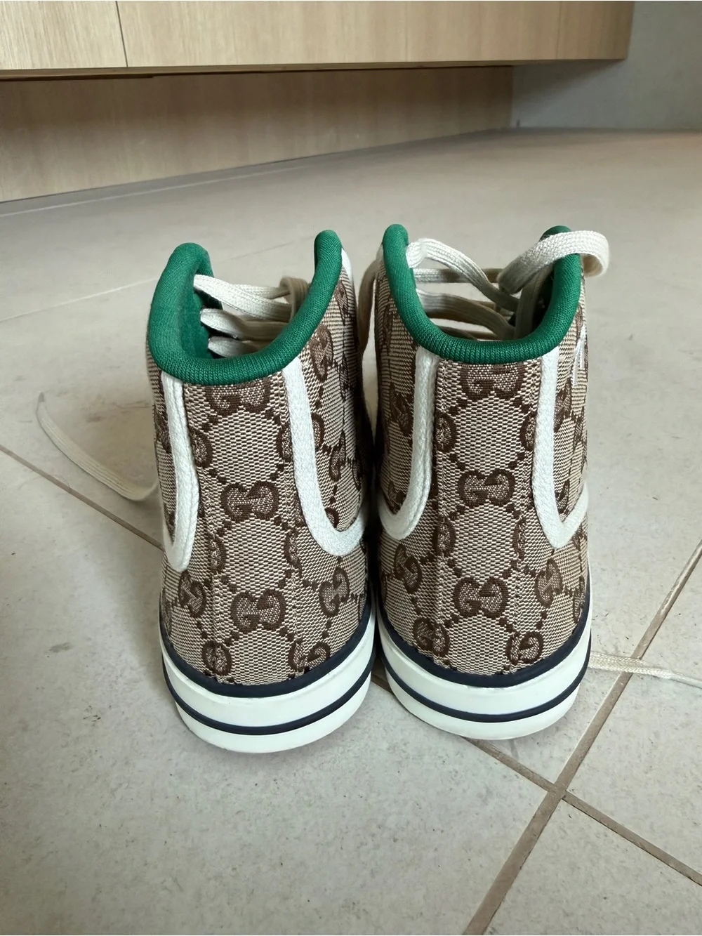 Gucci Beige GG Canvas High-Top Sneakers with Green and Red Stripe